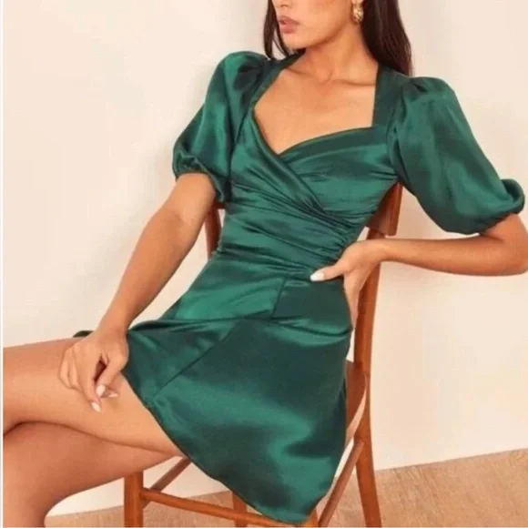 Reformation Lane Silk Dress in Emerald